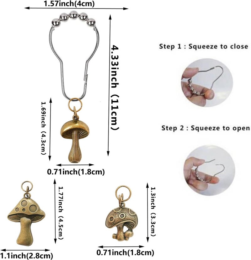 Daxingbu Mushroom Shower Curtain Hooks, 12Pcs Rustproof Metal Cute Retro Mushroom Shower Curtain Hooks Rings for Boho Fairy Forest Country Cottagecore Style Home Bathroom Decor (Bronze) - Image 2